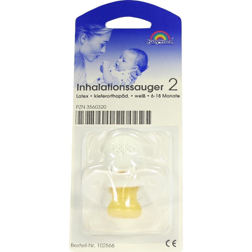 Verpackung für einen weißen Inhalationssauger für Babys ab 6 Monaten, mit Bild von Mutter und Baby.