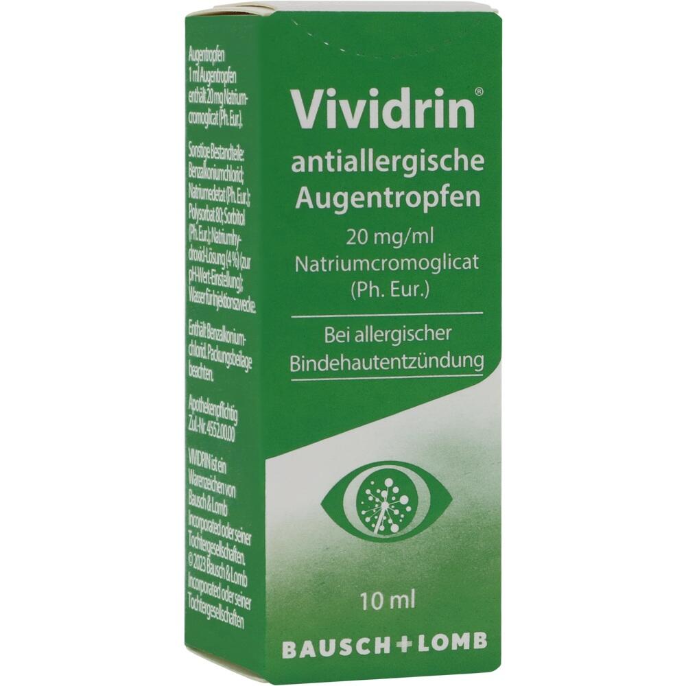 Grüne Verpackung von antiallergischen Augentropfen mit Text.