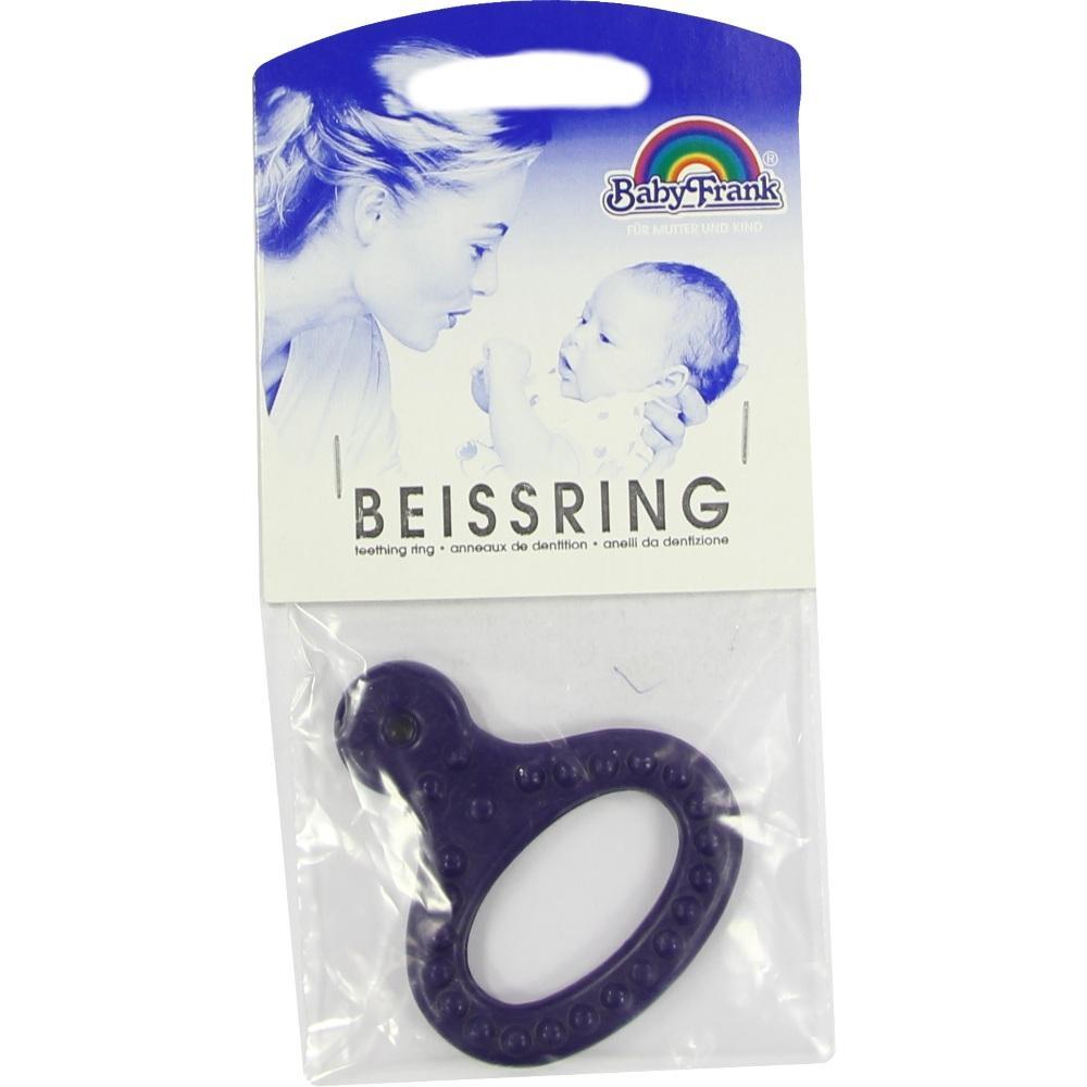Eine Verpackung mit einem lila Beißring für Babys.