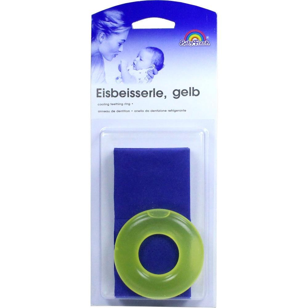 Gelber Baby-Beißring in Verpackung mit Bild einer Frau und einem Baby oben links.