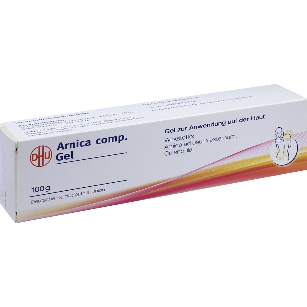 Weiße Kartonschachtel mit der Aufschrift "Arnica comp. Gel".