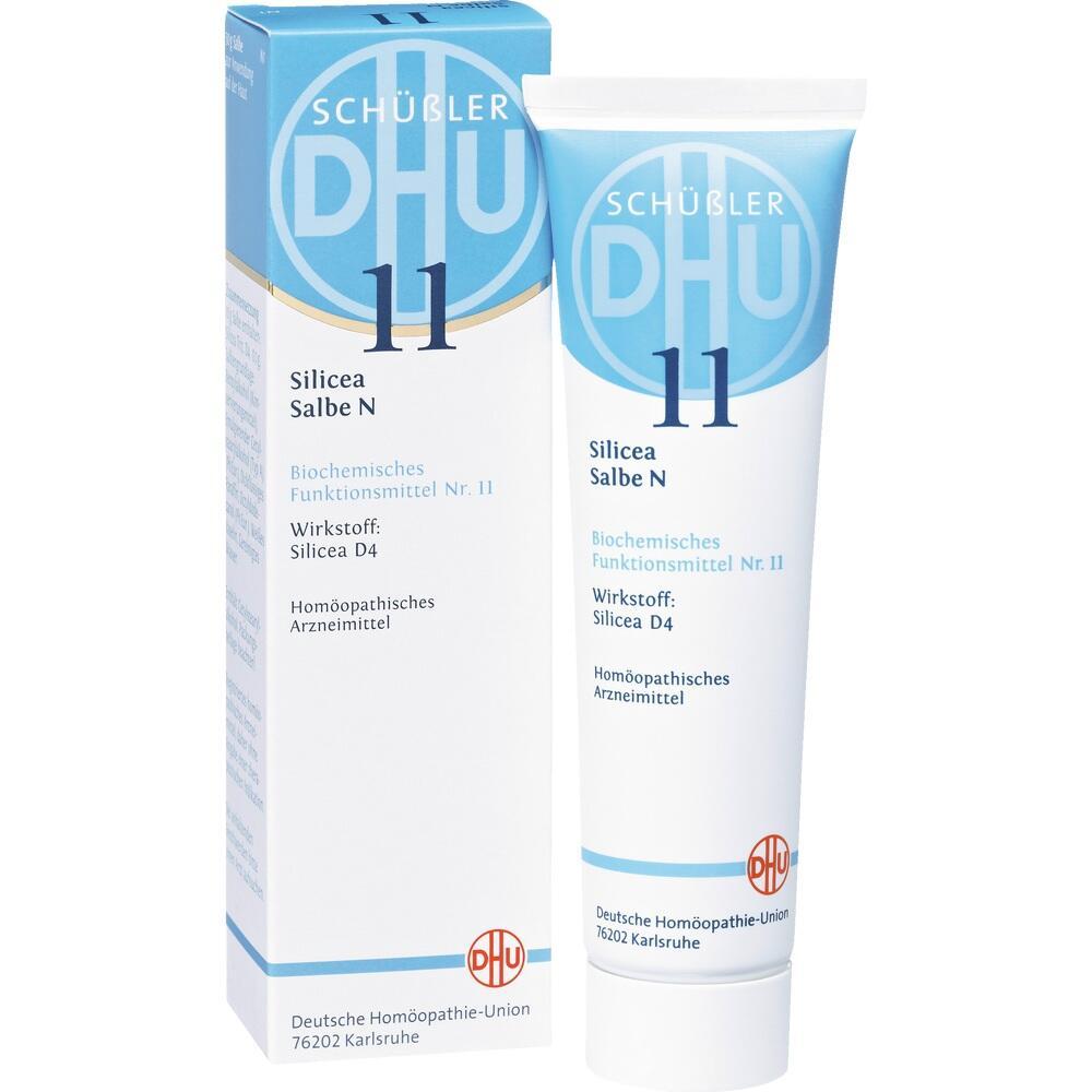 Eine Tube und Schachtel mit der Aufschrift "Schüßler 11 Silicea Salbe N".