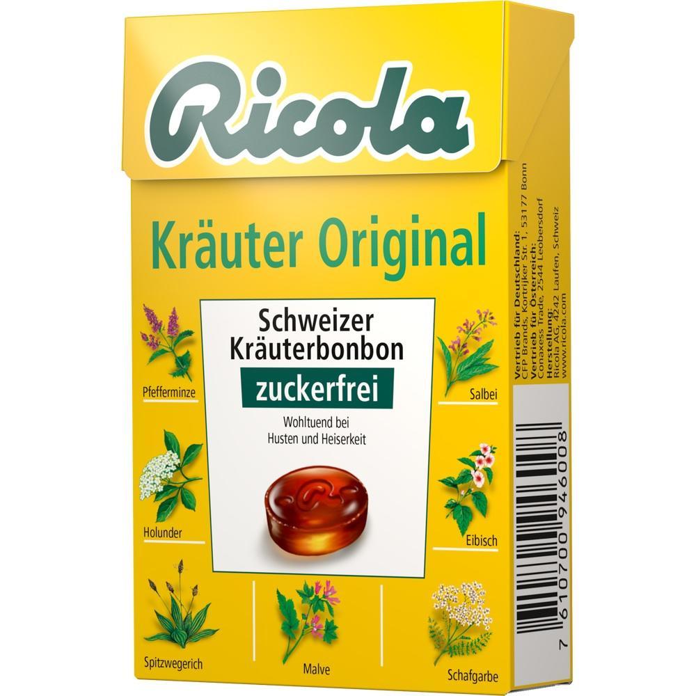 Gelbe Packung Ricola Schweizer Kräuterbonbons, zuckerfrei, mit Kräuterabbildungen.