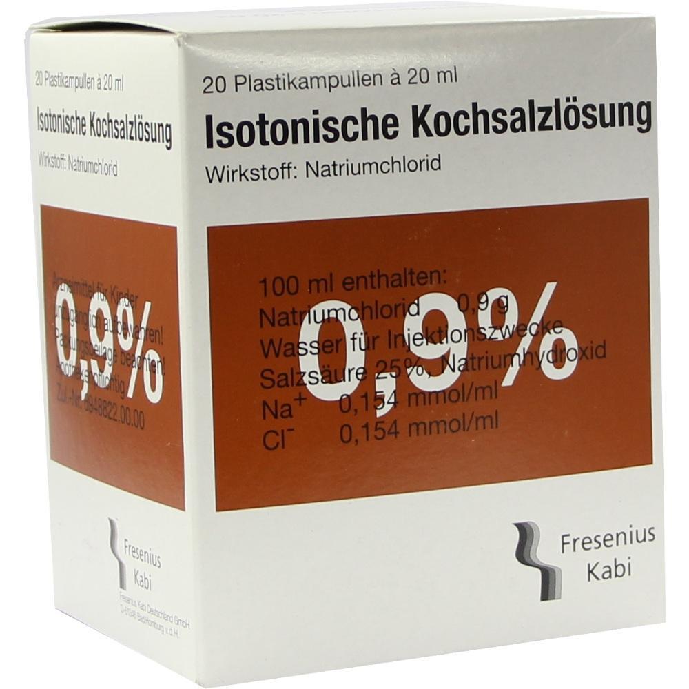 Verpackung einer 0,9% isotonischen Kochsalzl&ouml;sung von Fresenius Kabi.