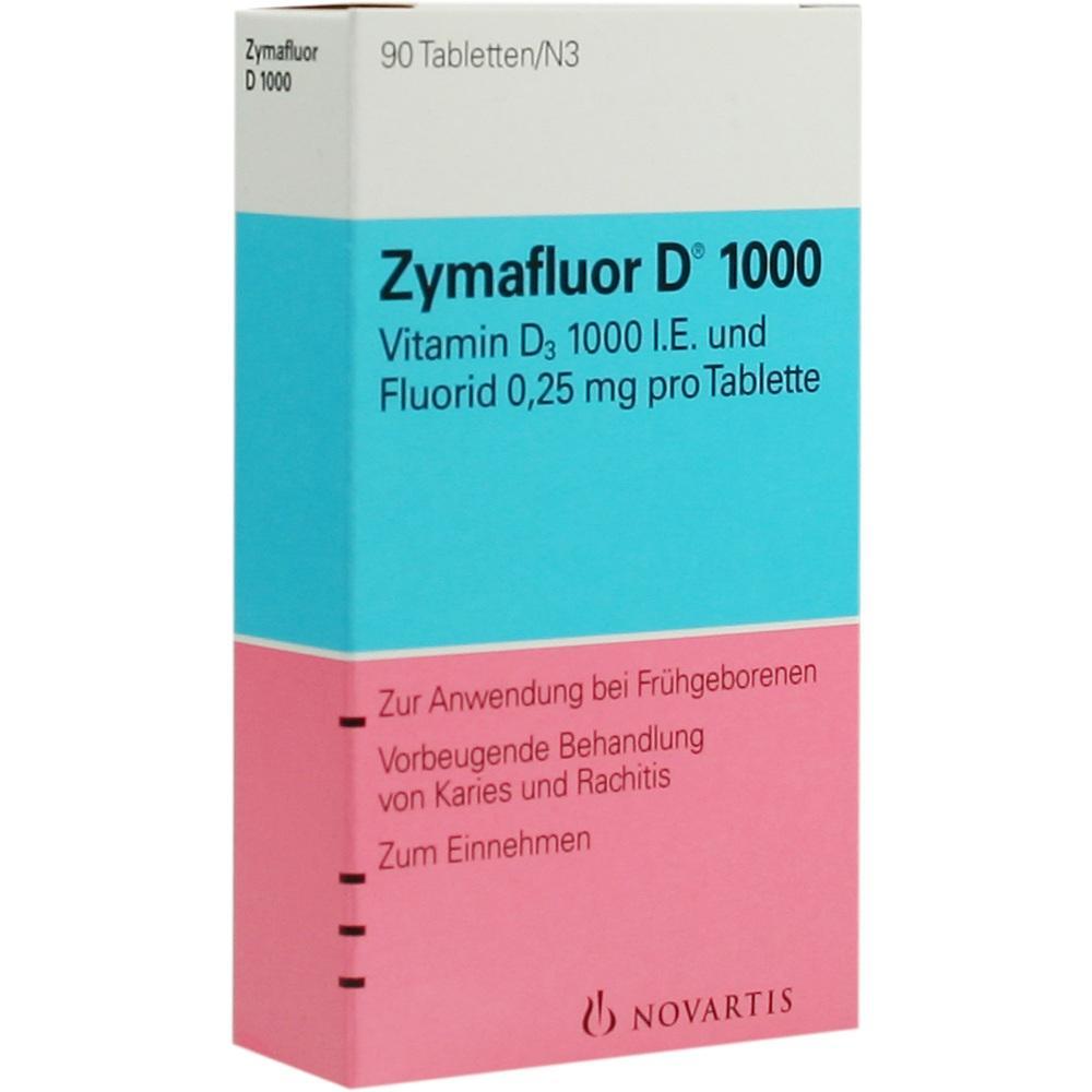 Verpackung von Zymafluor D 1000 mit Vitamin D3 und Fluorid-Tabletten für Frühgeborene.