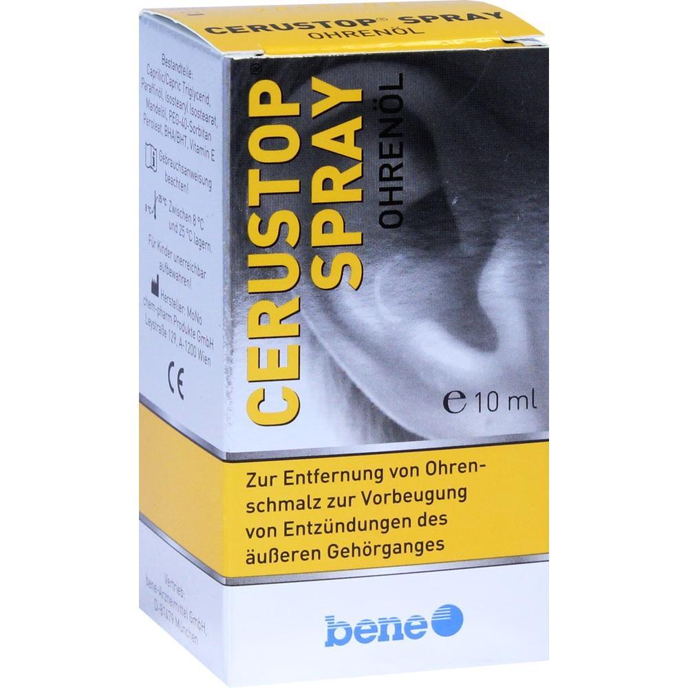 Eine Packung Cerustop Spray Ohren&ouml;l zur Entfernung von Ohrenschmalz.