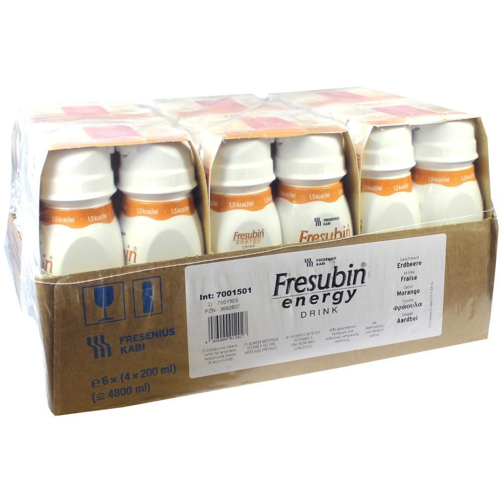 Ein Karton mit zw&ouml;lf Flaschen von Fresubin Energy Drink, Sorte Erdbeere.