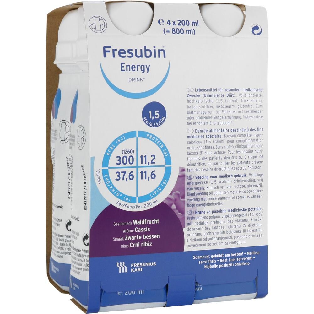 Verpackung von Fresubin Energy Getr&auml;nk mit Waldfruchtgeschmack, 4 Flaschen &agrave; 200 ml.