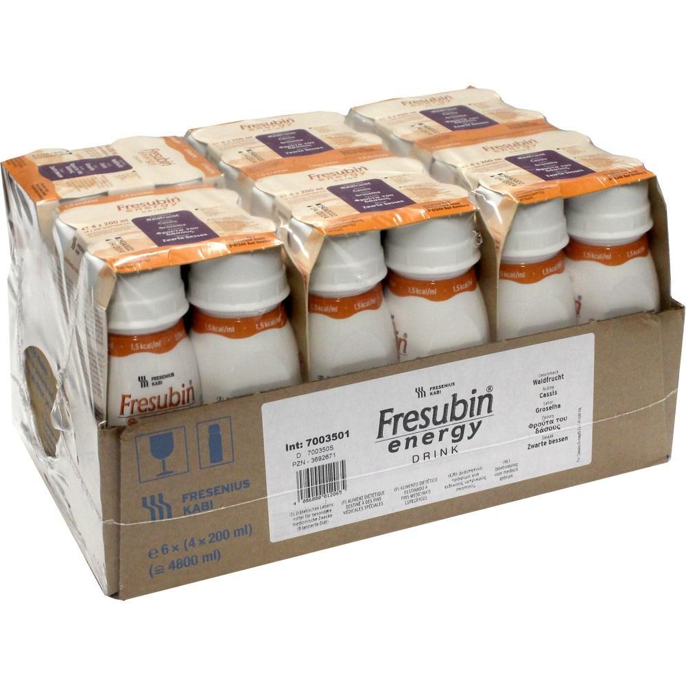 Sechs Flaschen Fresubin Energy Drink in einem Karton.