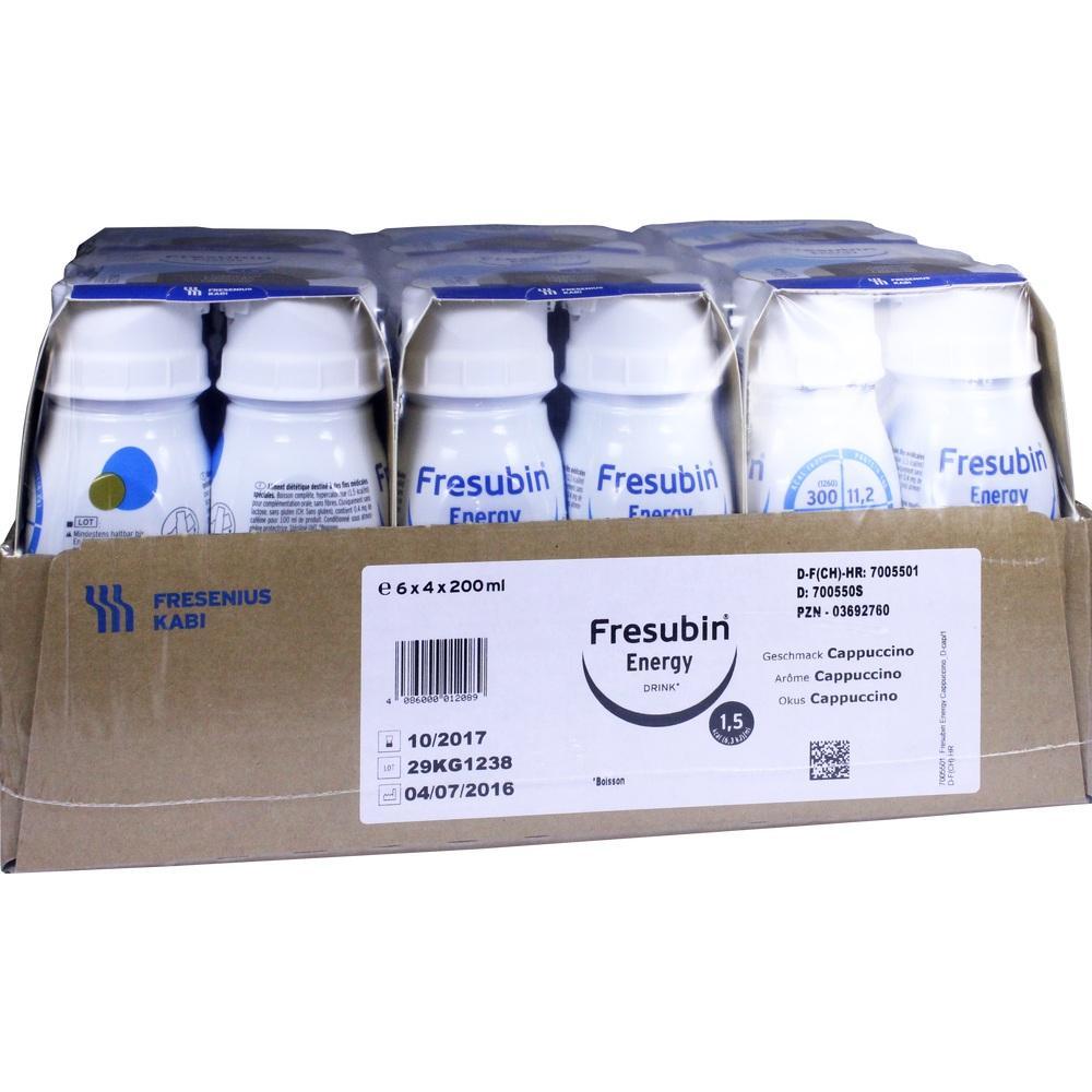 Eine Packung mit mehreren Flaschen Fresubin Energy Cappuccino-Geschmack.