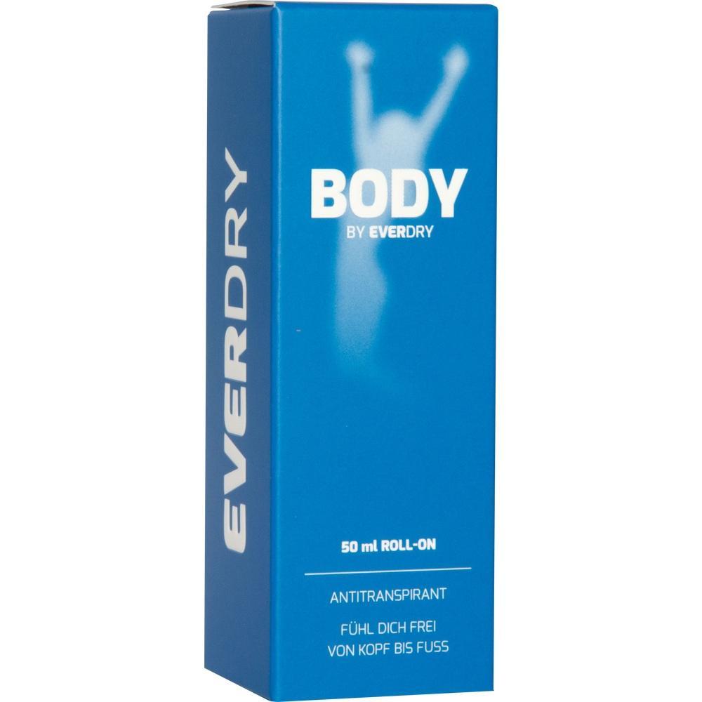 Blaue Verpackung eines Antitranspirants mit der Aufschrift "BODY BY EVERDRY".