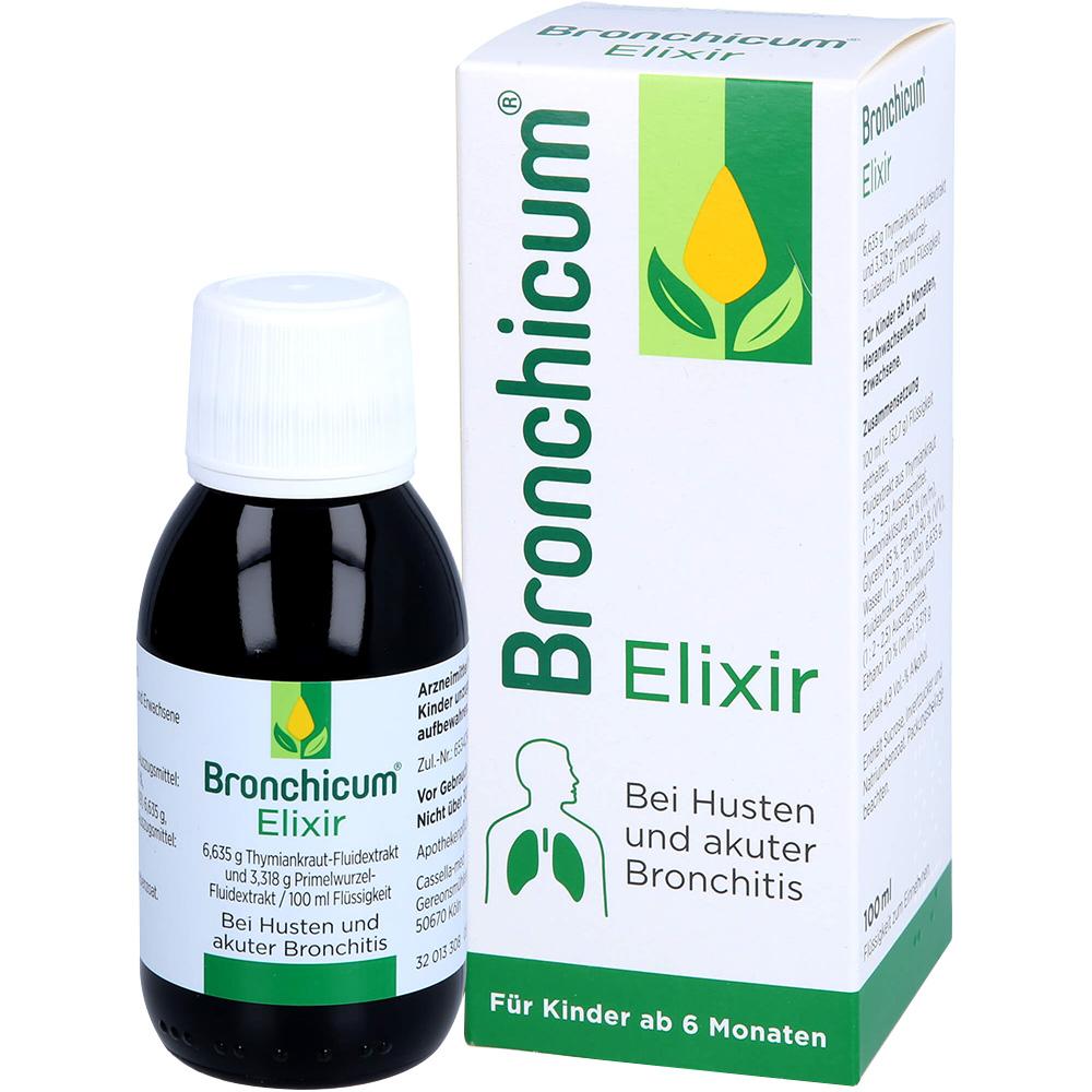 Flasche und Verpackung eines Medikaments gegen Husten und akute Bronchitis.