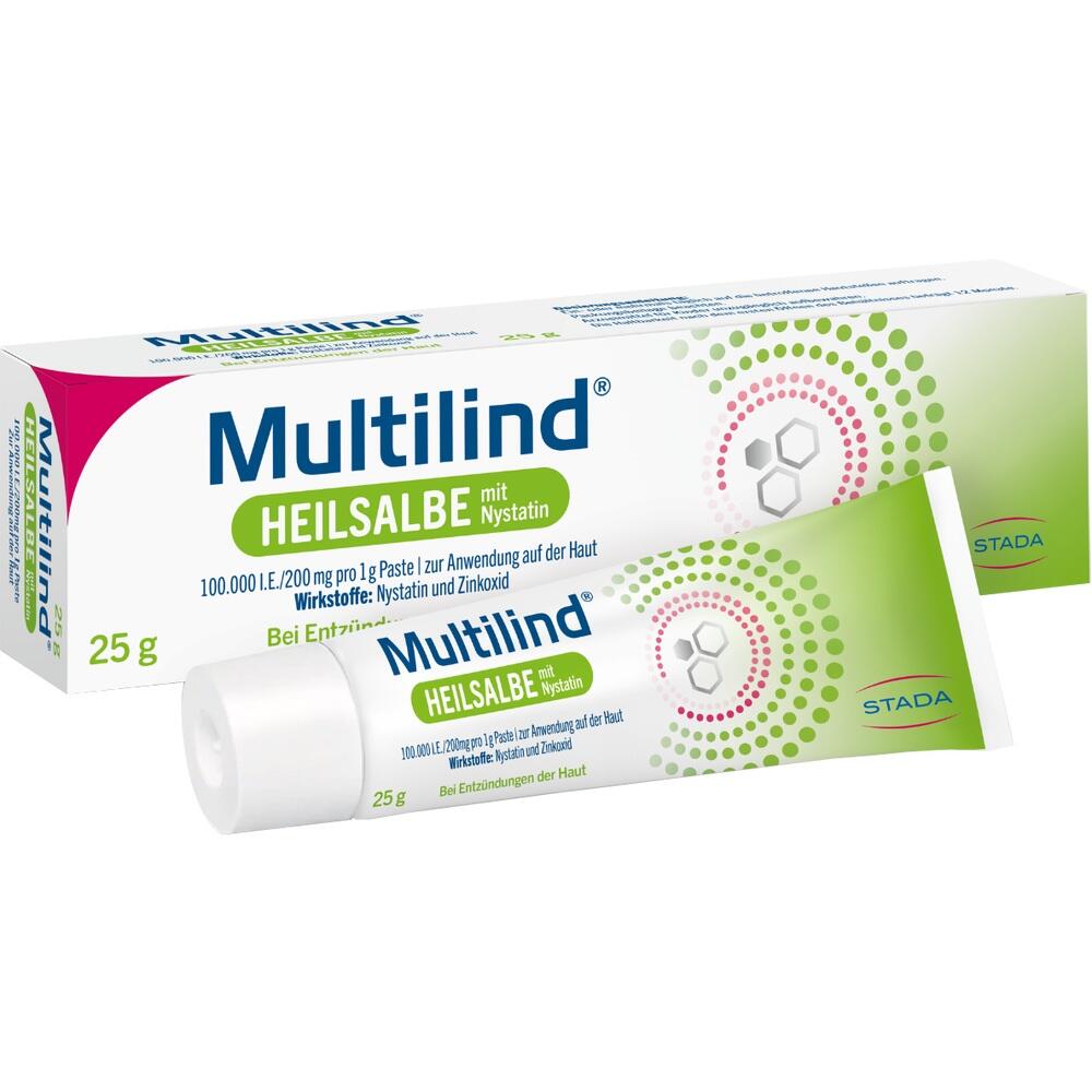 Weiße Tube und Schachtel mit der Aufschrift "Multilind Heilsalbe".