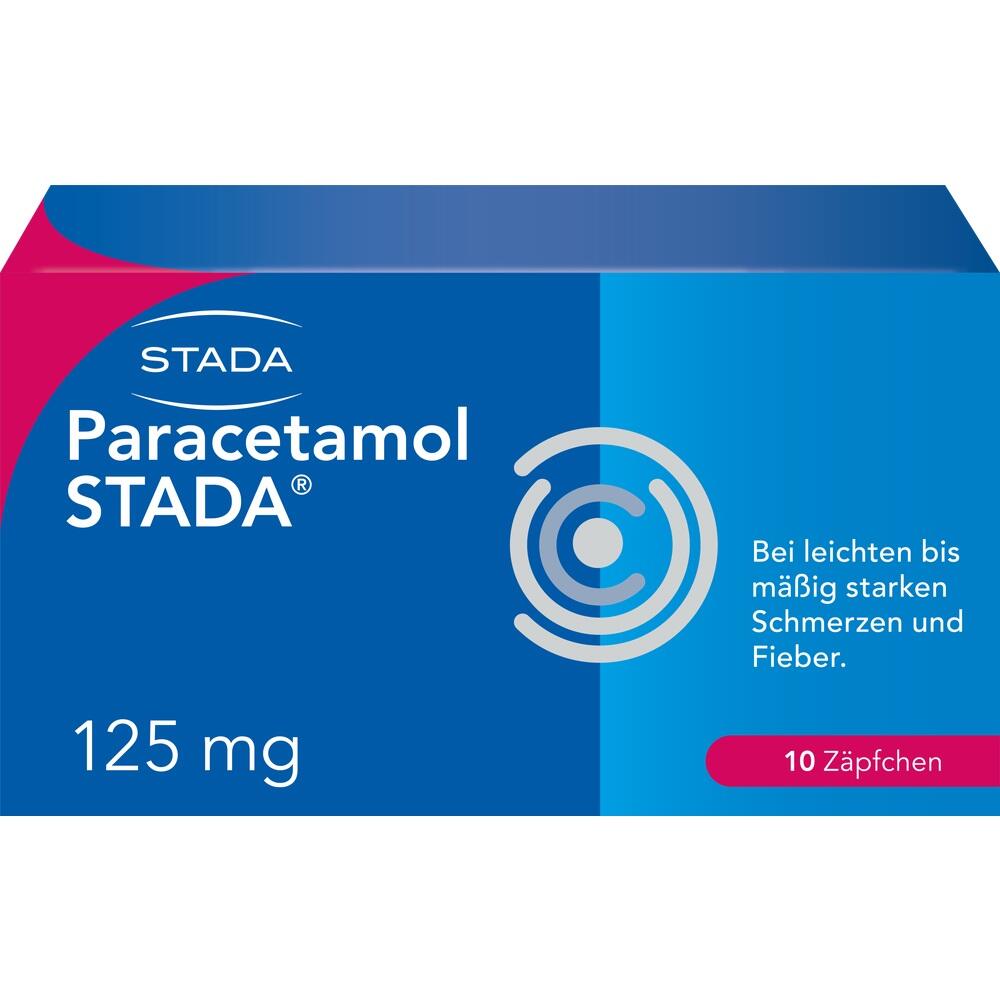 Packung von Paracetamol 125 mg Zäpfchen für leichte bis mäßige Schmerzen und Fieber.
