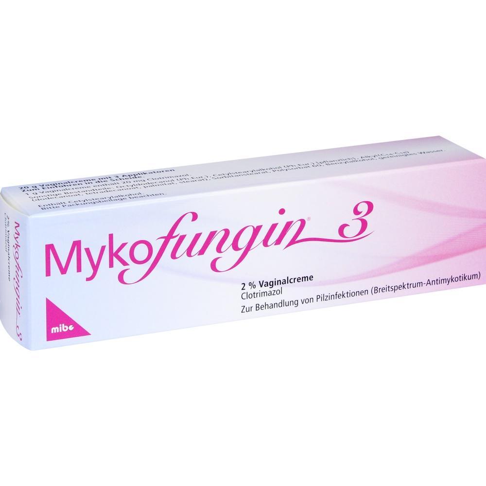 Eine Packung mit der Aufschrift "Mykofungin 3" vaginale Creme gegen Pilzinfektionen.