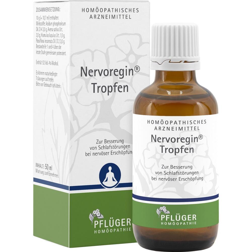 Braune Flasche und Schachtel mit homöopathischen Tropfen gegen Schlafstörungen.