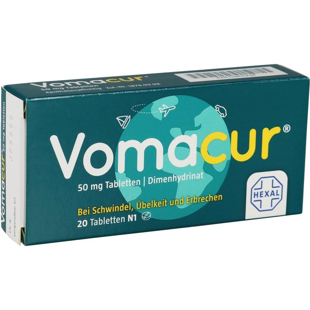 Verpackung von Vomacur-Tabletten gegen Schwindel, Übelkeit und Erbrechen.