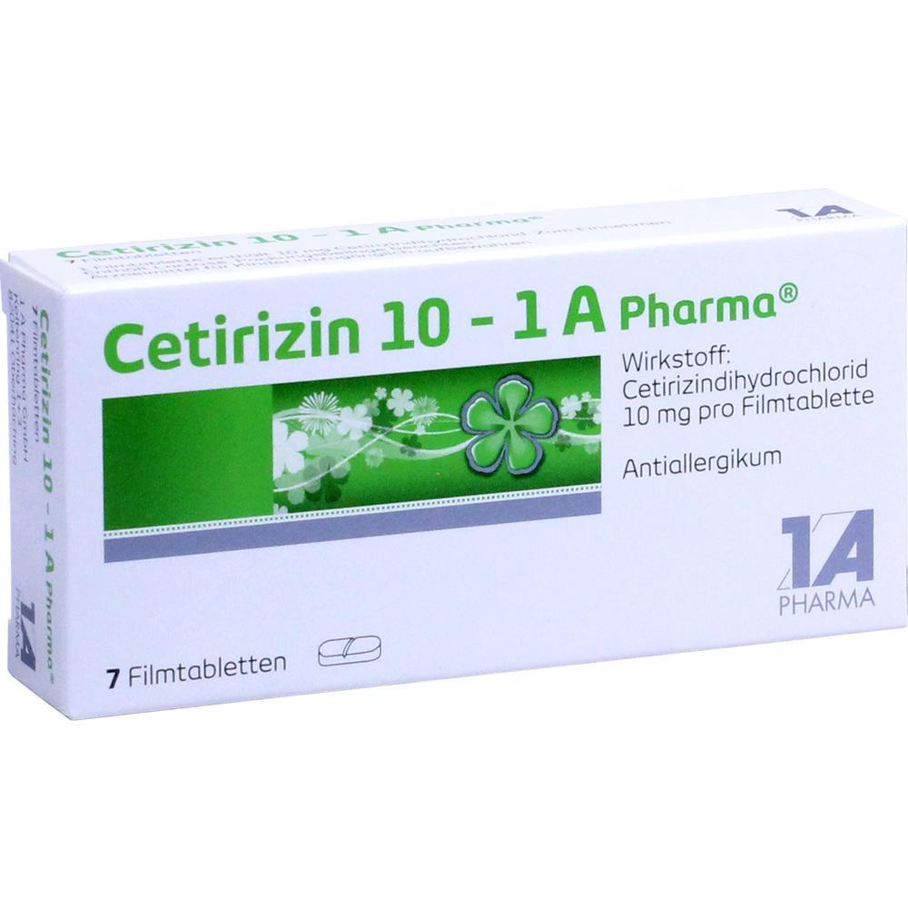 Weiße Verpackung von Cetirizin-Tabletten gegen Allergien mit grünen Designelementen.