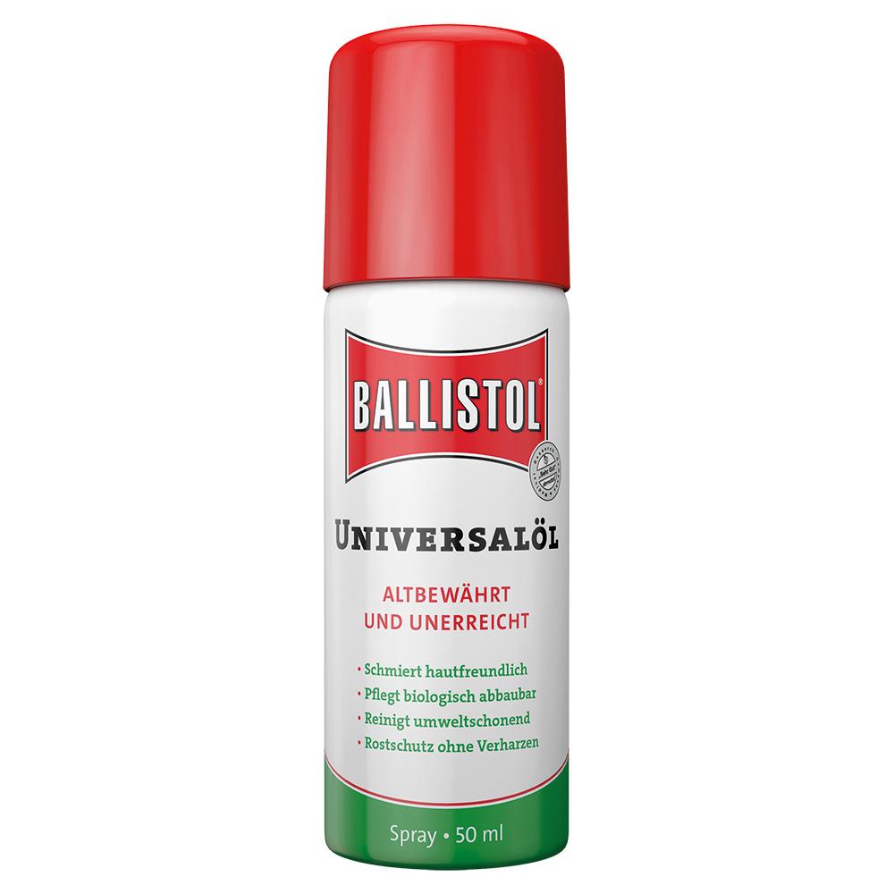 Weiße Spraydose mit rotem Deckel und der Aufschrift "Ballistol Universalöl".