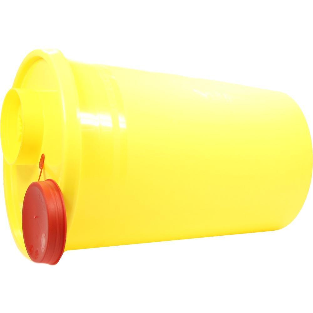 Gelber Plastikbehälter mit rotem Verschluss liegt seitlich.