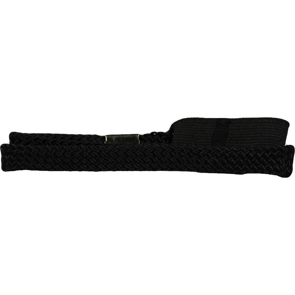 Ein geflochtenes, schwarzes Gürtelstück mit einer Metallschnalle.