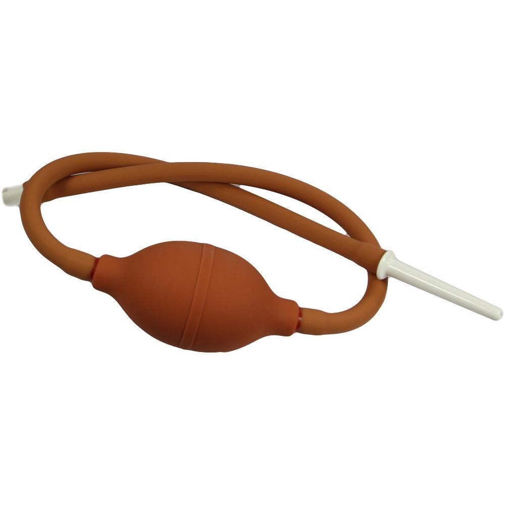 Brauner Gummiball mit Schlauch und weißer Spitze.