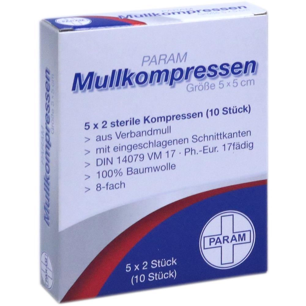 Eine Packung mit sterilen Mullkompressen aus Baumwolle in der Größe 5 x 5 cm.
