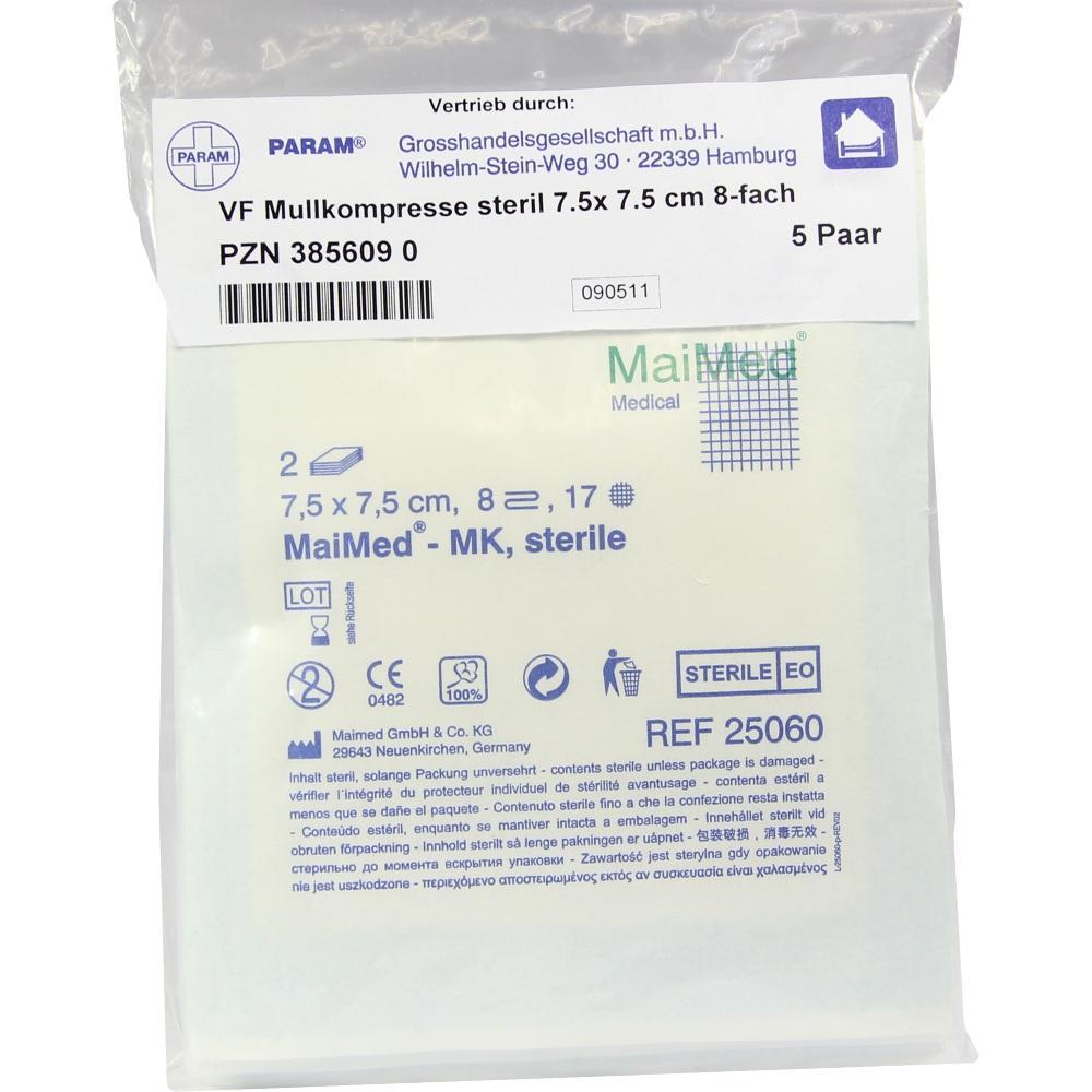 Verpackung von sterilen Mullkompressen, 7,5 x 7,5 cm groß, 5 Paar.