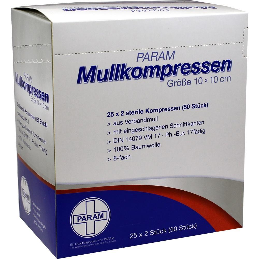 Die Packung zeigt sterile Mullkompressen der Größe 10 x 10 cm aus Baumwolle.