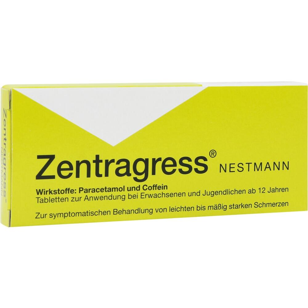 Gelbe Medikamentenverpackung mit dem Namen Zentragress f&uuml;r Schmerzen.
