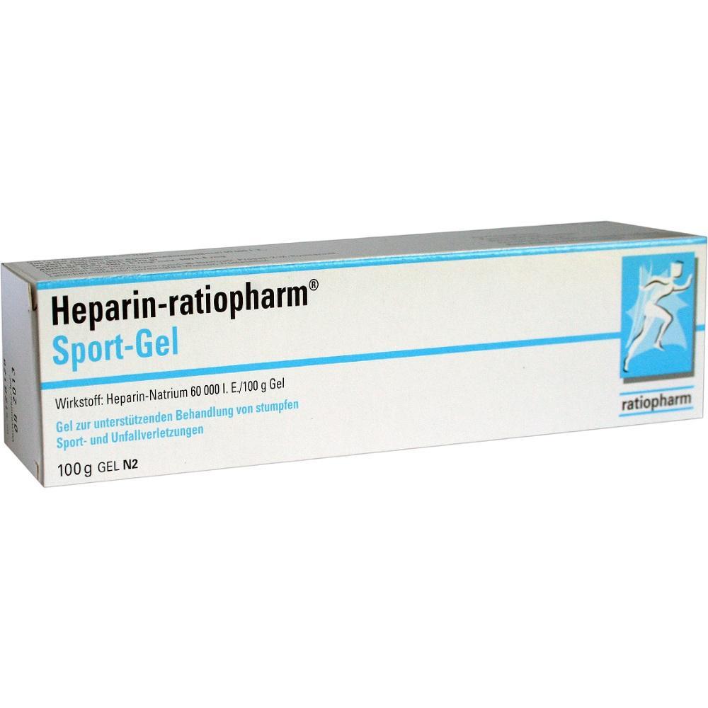 Weiße Verpackung von Heparin-ratiopharm Sport-Gel zur Behandlung von Sportverletzungen.