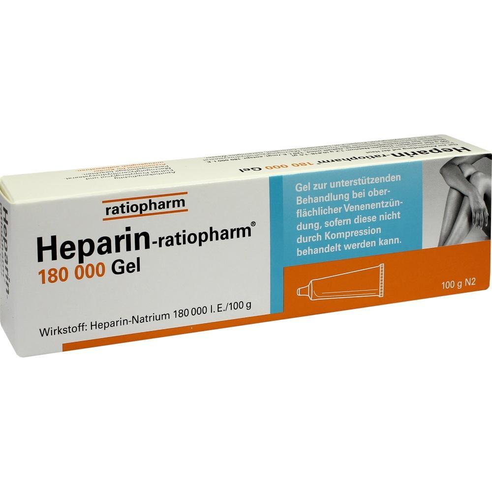 Heparin-ratiopharm Gel in einer weißen Pappschachtel zur Behandlung von Venenentzündungen.