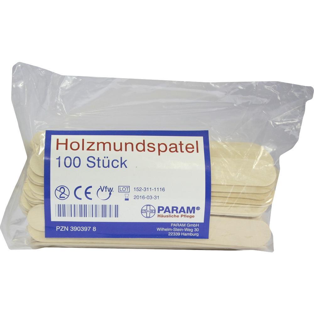 Eine Plastiktüte mit 100 Holzmundspateln ist abgebildet.