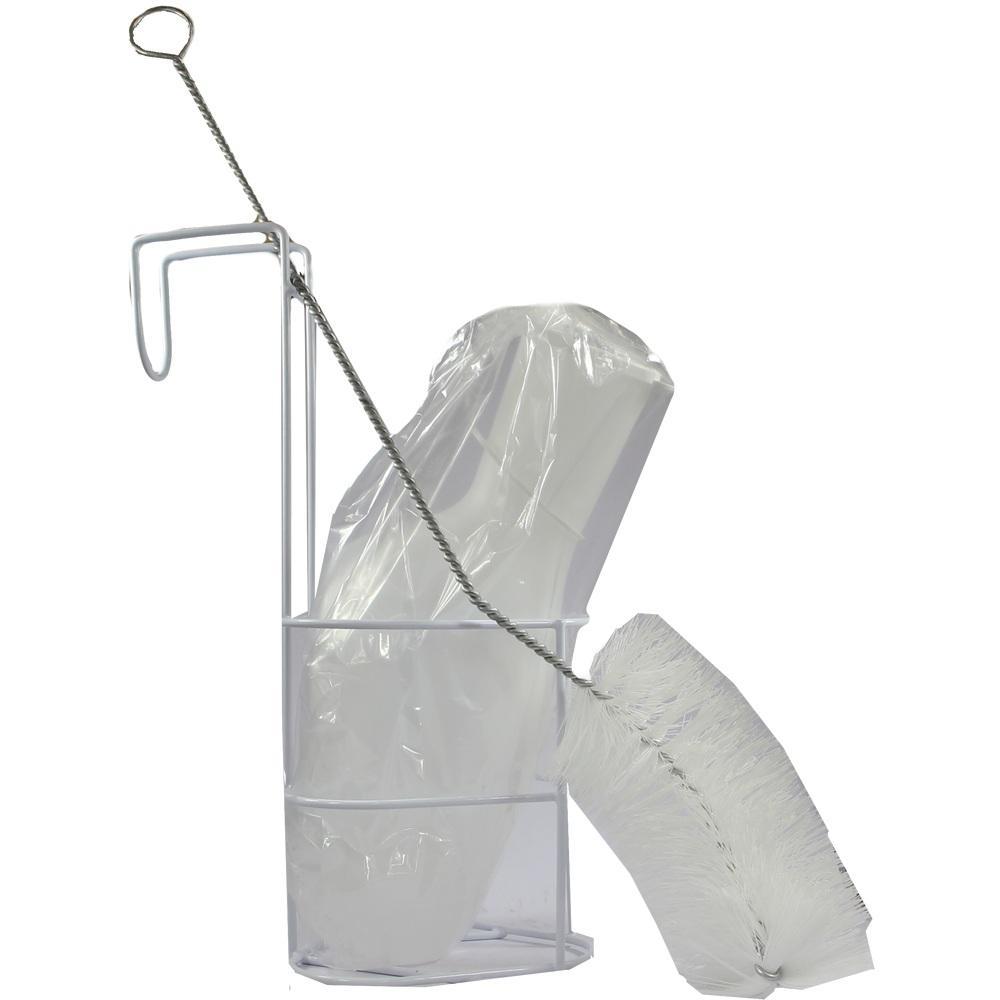 Weiße Toilettenbürste in einem Halter mit Plastikverpackung.