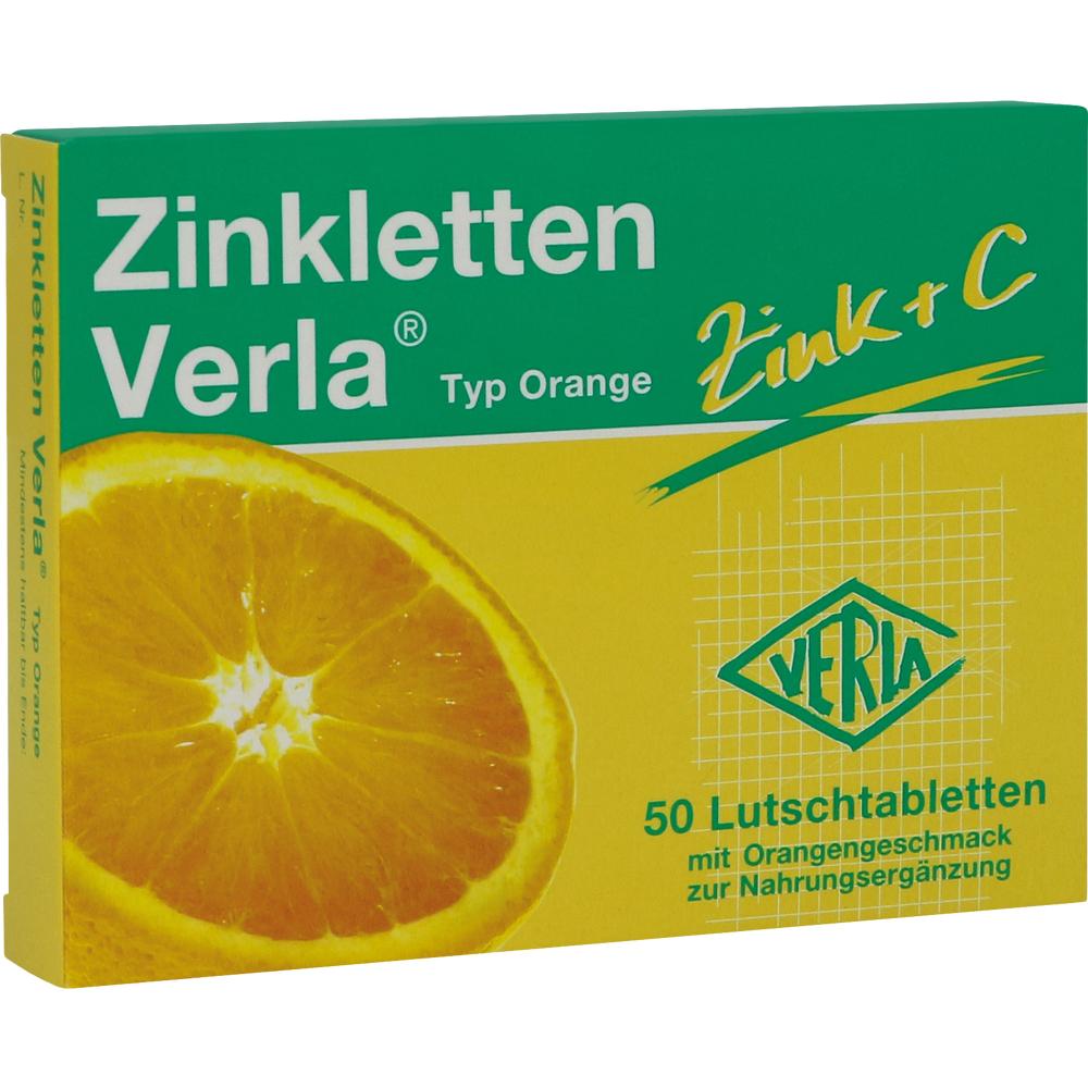 Gr&uuml;ne Verpackung von Lutschtabletten mit Orangengeschmack zur Nahrungserg&auml;nzung.