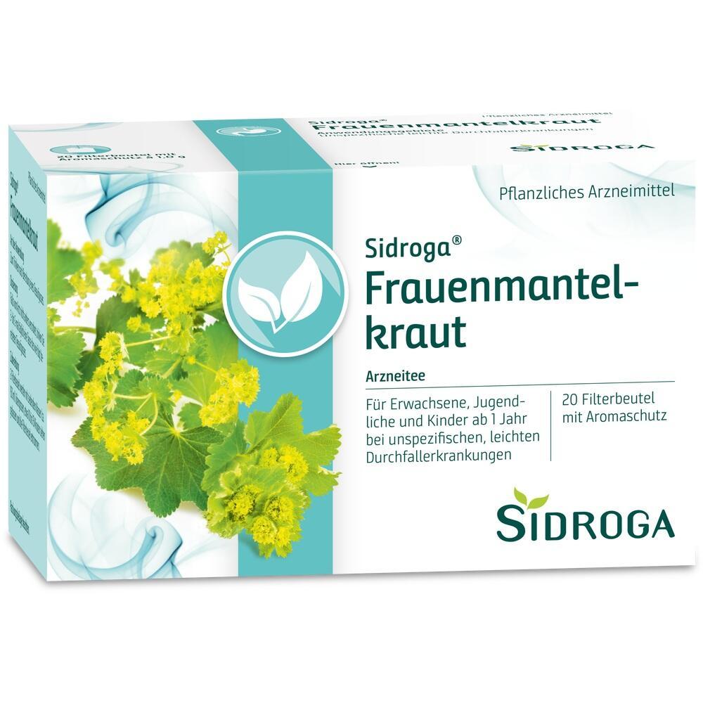 Verpackung von Frauenmantelkraut-Tee mit einem Bild von gelb-gr&uuml;nen Bl&auml;ttern.
