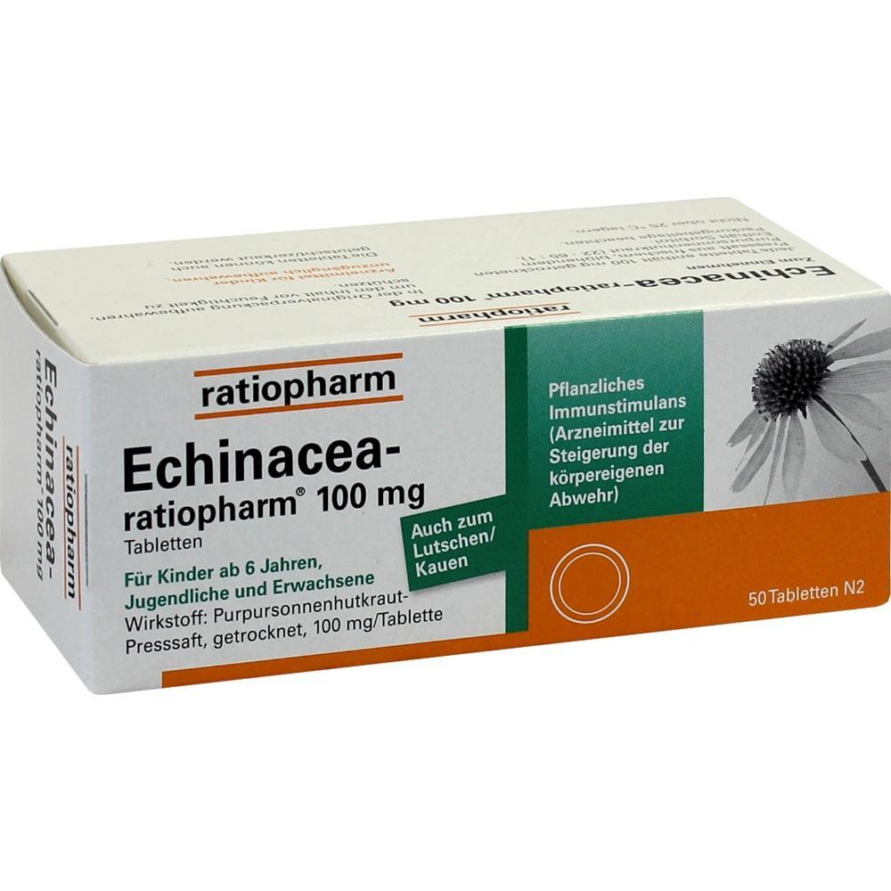 Schachtel mit 50 Echinacea-Tabletten von ratiopharm zur Stärkung des Immunsystems.