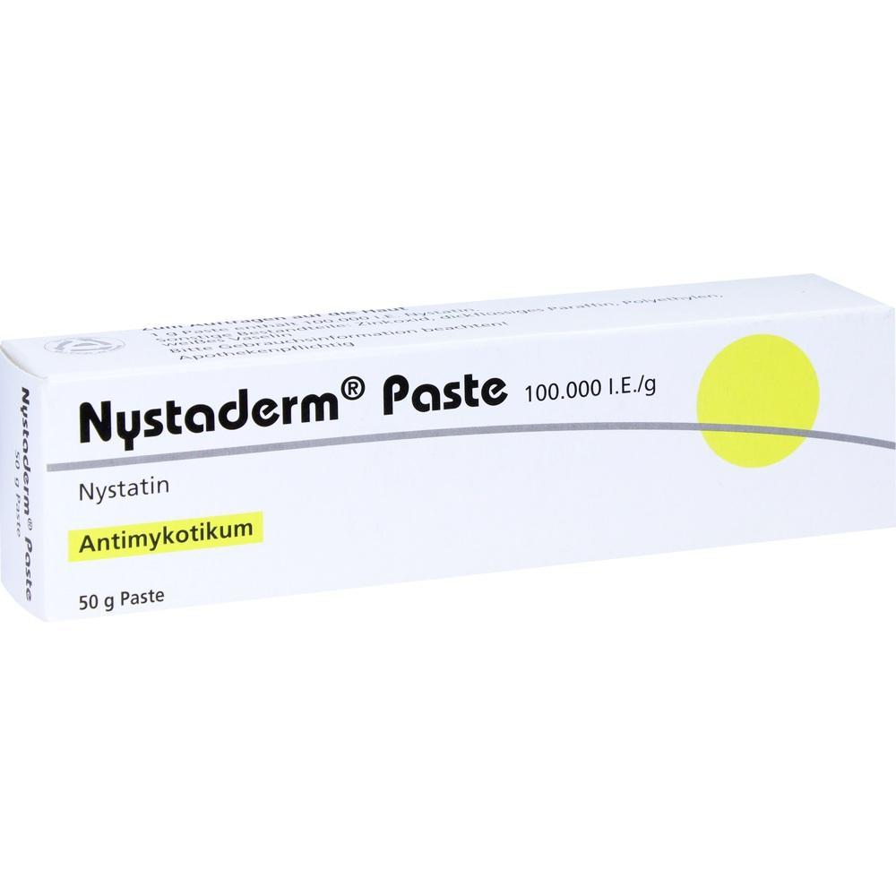 Weiße Verpackung mit der Aufschrift "Nystaderm Paste", einem Antimykotikum.