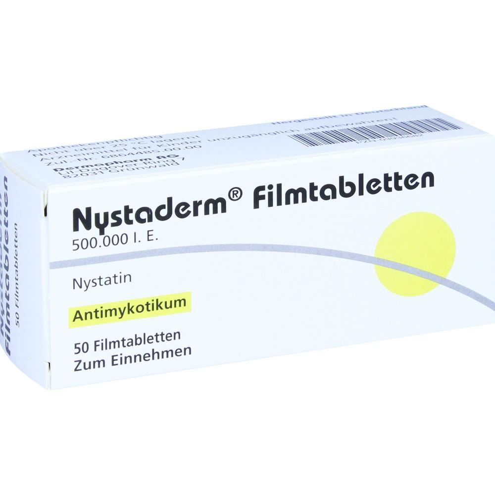 Eine Packung mit 50 Filmtabletten namens Nystaderm, ein Antimykotikum.