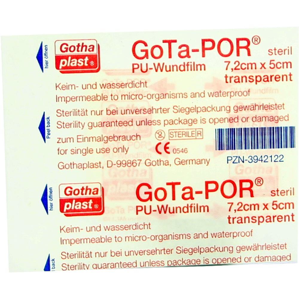Verpackung eines sterilen, transparenten Wundfilms von Gothaplast, 7,2 cm x 5 cm.