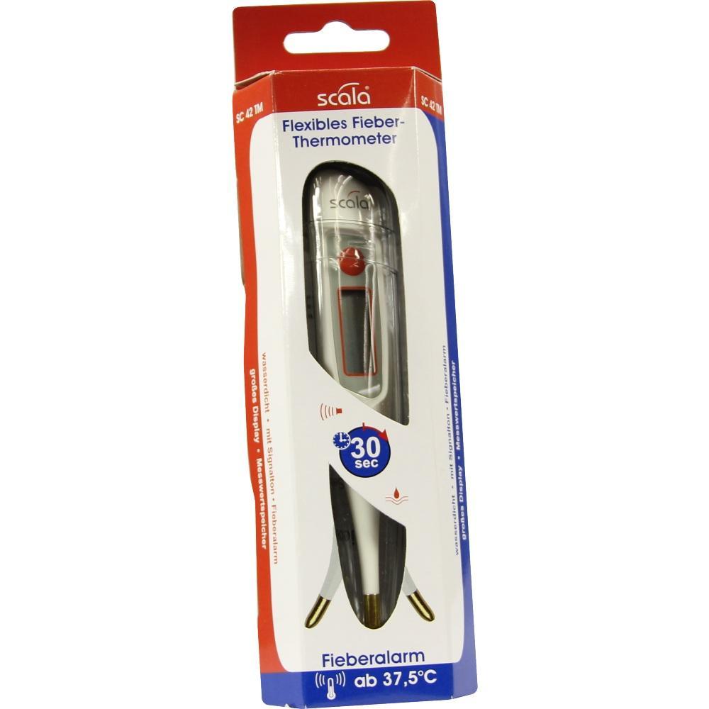 Digitalthermometer in einer Verpackung mit rotem und blauem Design.