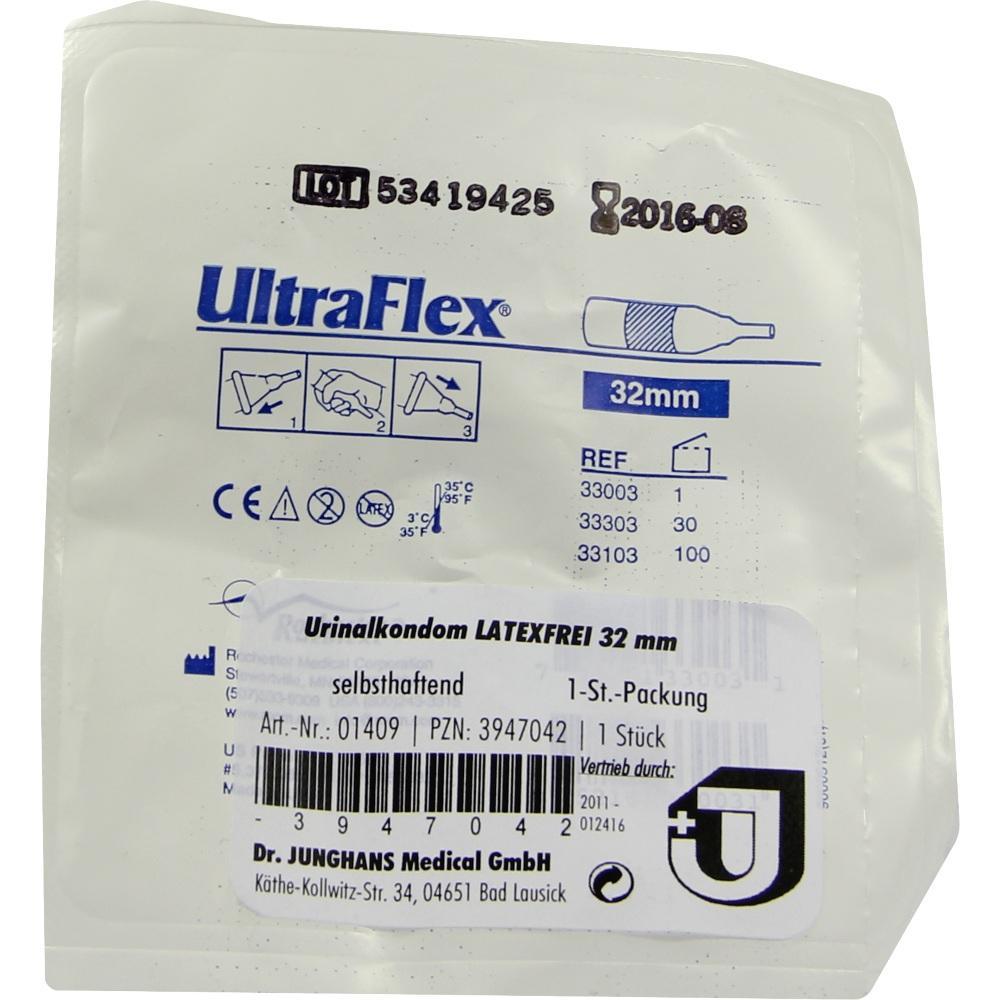 Die Verpackung zeigt ein latexfreies Urinalkondom von UltraFlex mit 32 mm Durchmesser.