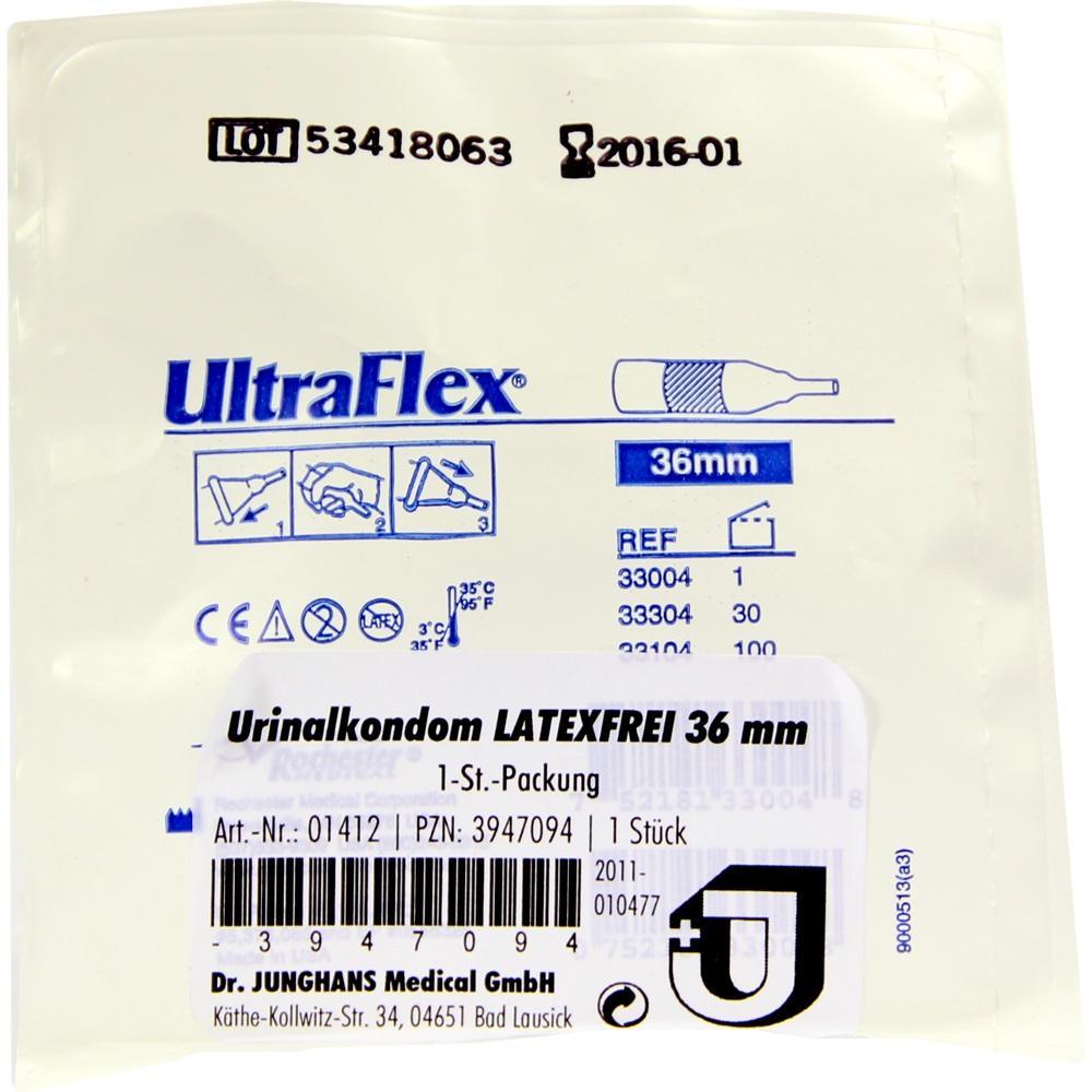 Verpackung von einem latexfreien Urinalkondom, 36 mm, Marke UltraFlex.