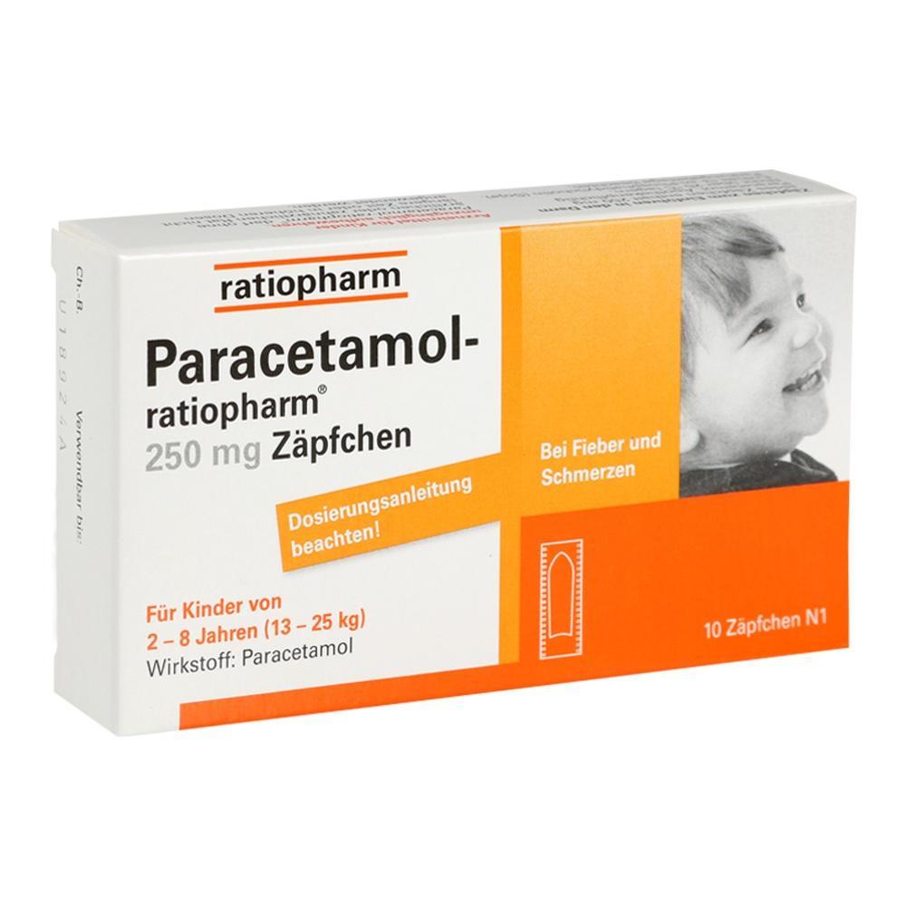 Verpackung von Paracetamol-Zäpfchen für Kinder zur Fieber- und Schmerzlinderung.