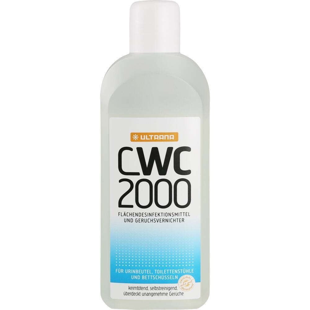 Plastikflasche mit der Aufschrift "CWC 2000", ein Reinigungs- und Desinfektionsmittel.
