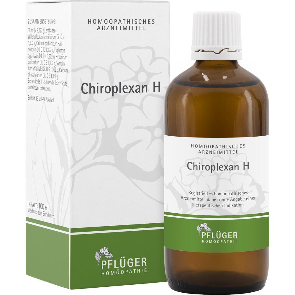 Eine braune Flasche und eine weiße Schachtel mit der Aufschrift "Chiroplexan H".