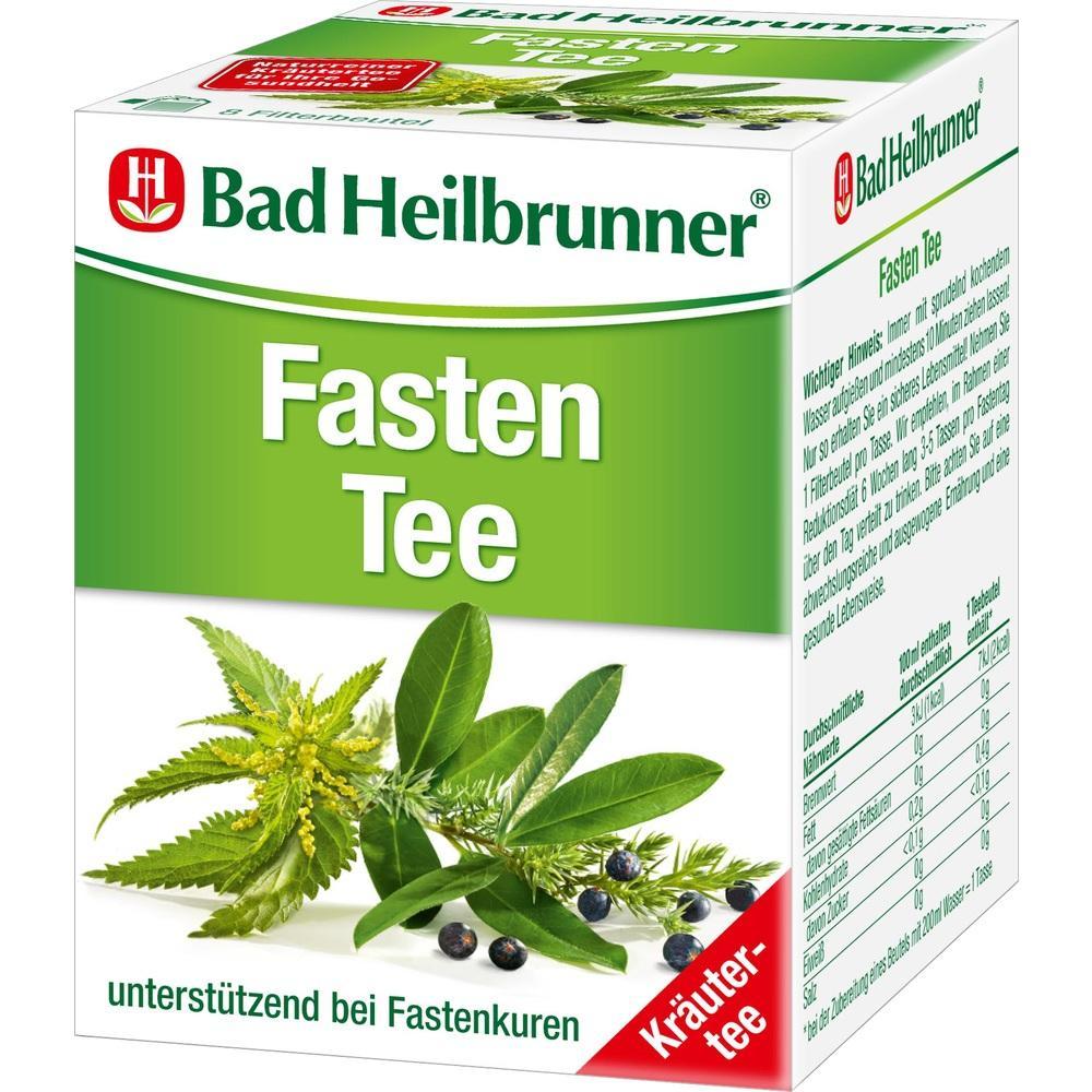 Eine gr&uuml;ne Packung Fastentee von Bad Heilbrunner mit Kr&auml;utern auf der Vorderseite.