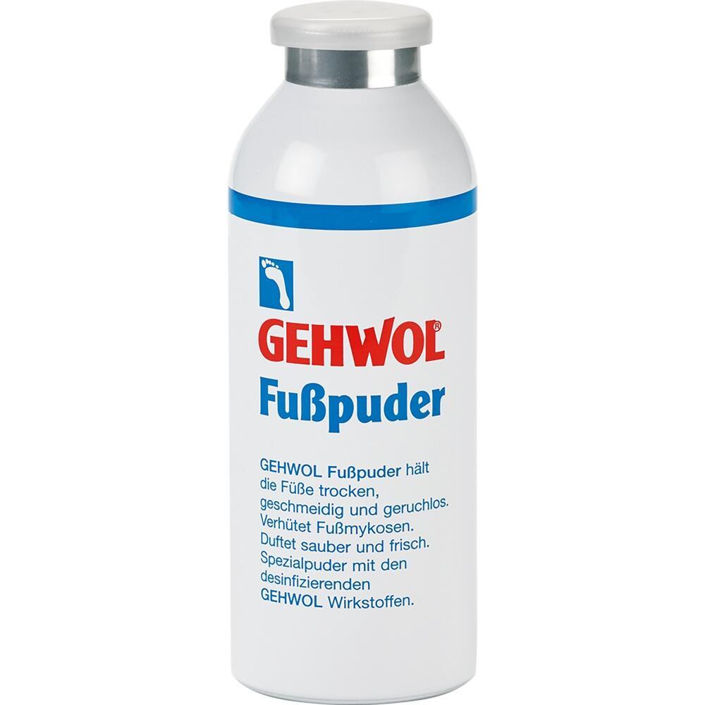 Weiße Dose mit blauem Deckel und der Aufschrift "GEHWOL Fußpuder".