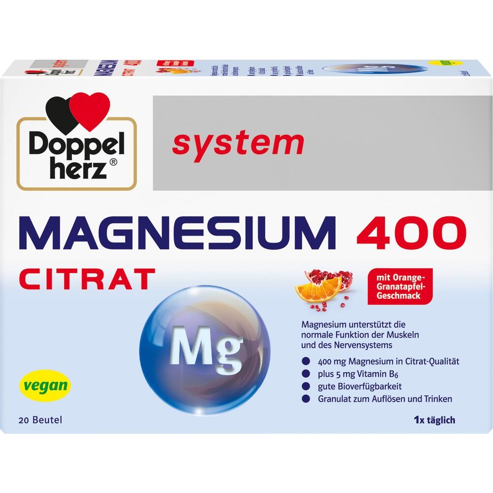 Eine Packung Doppelherz Magnesium 400 Citrat mit Orangengranatapfel-Geschmack.