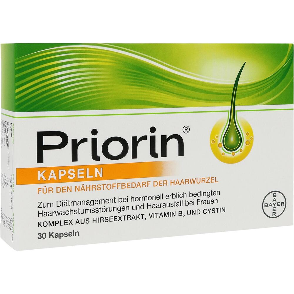 Eine Schachtel mit Priorin-Kapseln für die Haargesundheit.